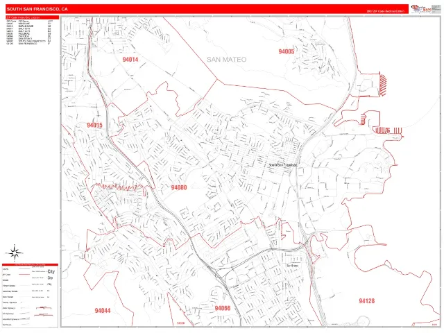 South San Francisco, CA ZIP Code Wall Map, RedLine style