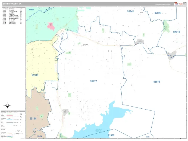 Spring Valley, CA ZIP Code Wall Map, Classic style