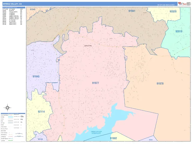 Spring Valley, CA ZIP Code Wall Map, ColorCast style