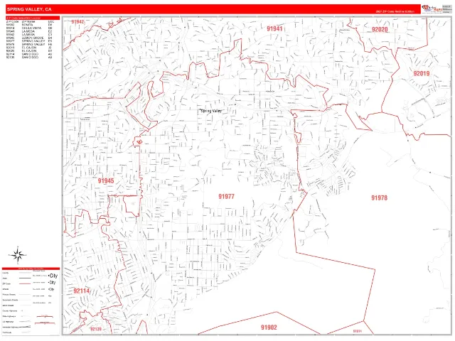 Spring Valley, CA ZIP Code Wall Map, RedLine style