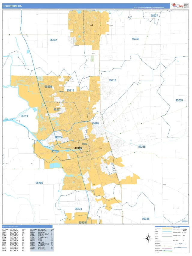 Stockton, CA ZIP Code Wall Map, Business Reference style