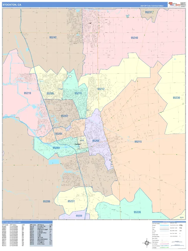 Stockton, CA ZIP Code Wall Map, ColorCast style