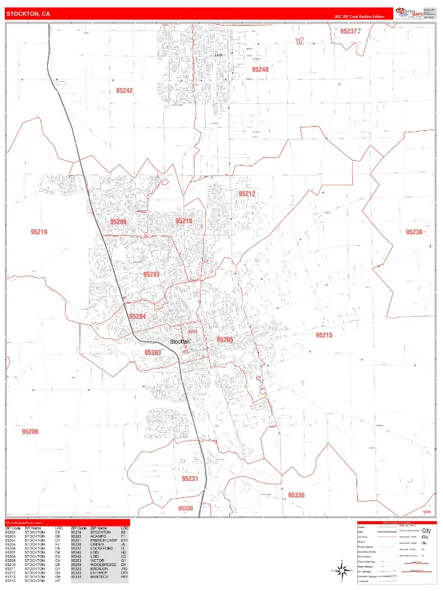 Stockton, CA ZIP Code Wall Map, RedLine style
