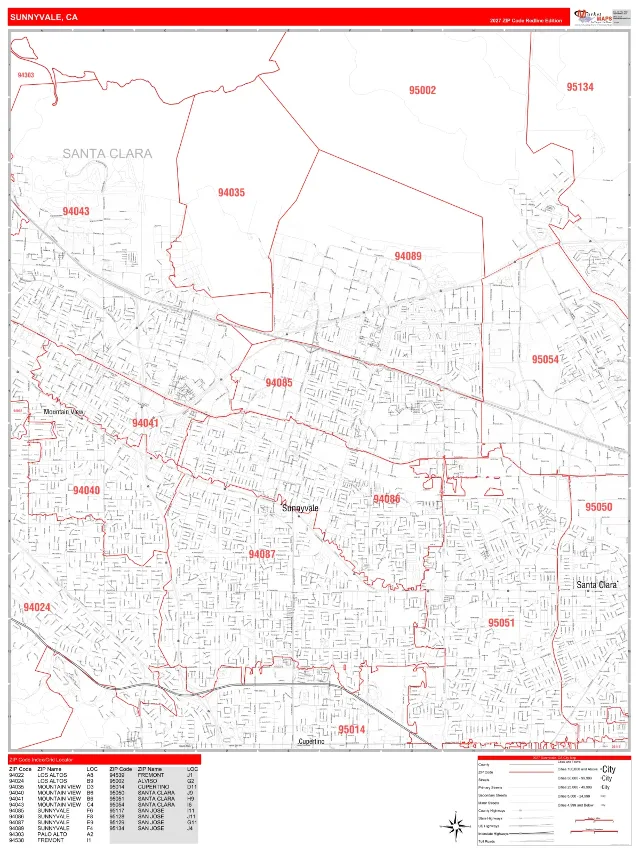 Sunnyvale, CA ZIP Code Wall Map, RedLine style