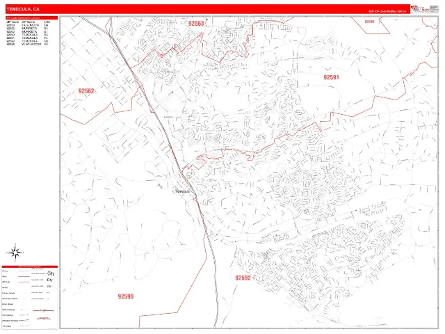 Temecula, CA ZIP Code Wall Map, RedLine style