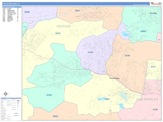 Thousand Oaks, CA ZIP Code Wall Map, ColorCast style
