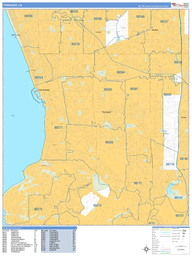 Torrance, CA ZIP Code Wall Map, Business Reference style