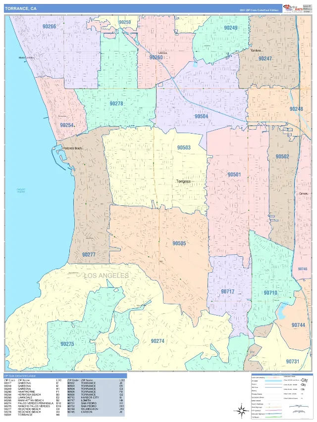 Torrance, CA ZIP Code Wall Map, ColorCast style