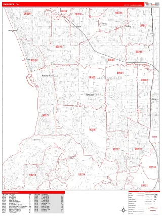 Torrance, CA RedLine style ZIP Code wall map