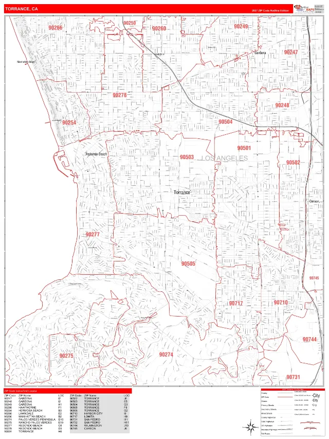 Torrance, CA ZIP Code Wall Map, RedLine style