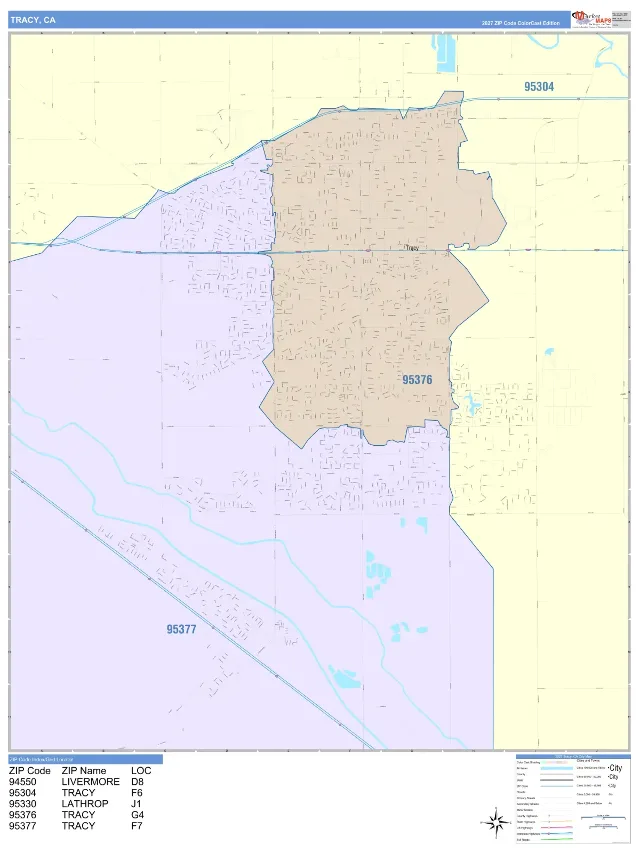 Tracy, CA ZIP Code Wall Map, ColorCast style