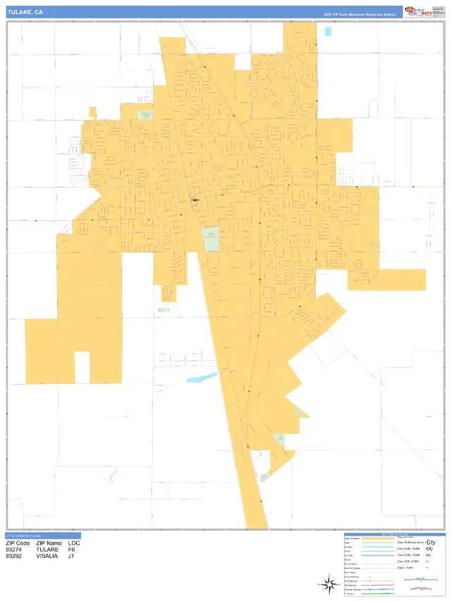 Tulare, CA ZIP Code Wall Map, Business Reference style