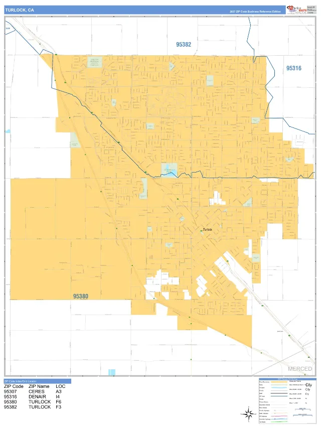 Turlock, CA ZIP Code Wall Map, Business Reference style