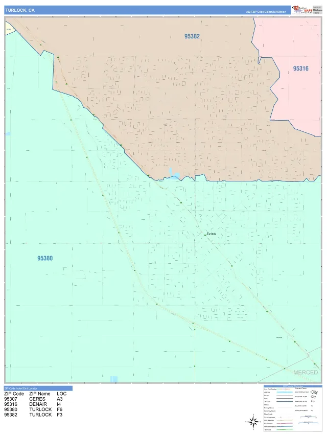 Turlock, CA ZIP Code Wall Map, ColorCast style