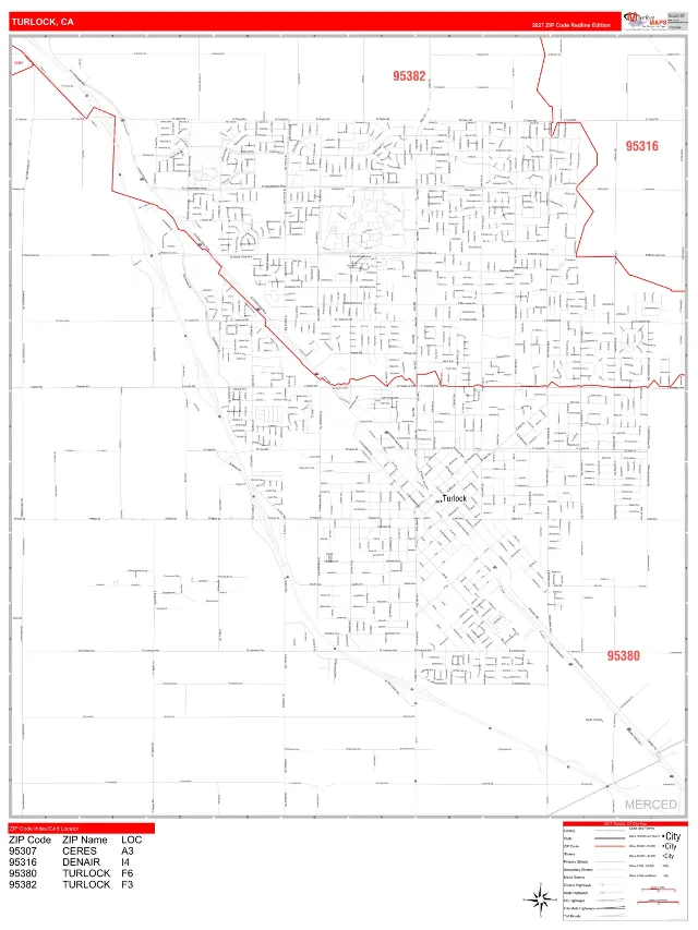 Turlock, CA ZIP Code Wall Map, RedLine style