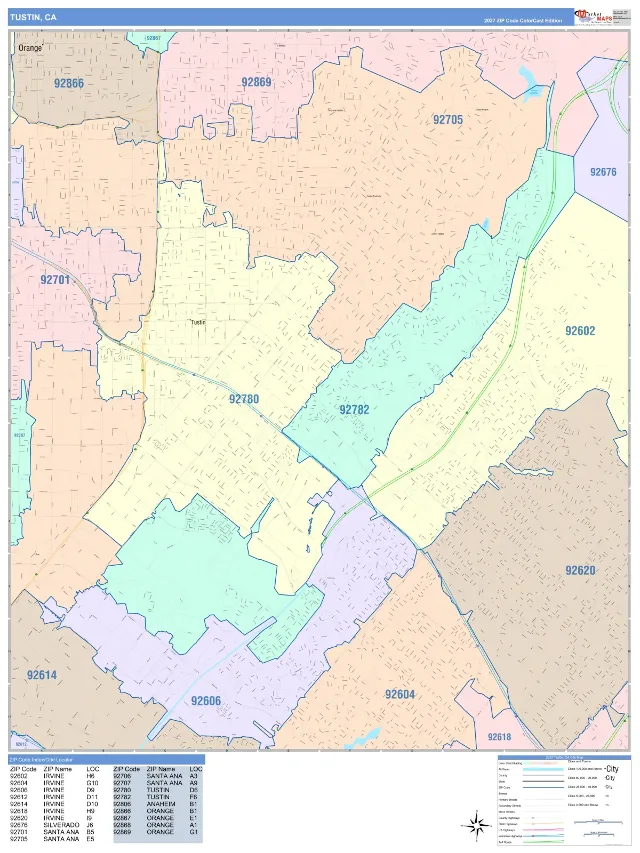 Tustin, CA ZIP Code Wall Map, ColorCast style