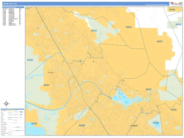 Union City, CA ZIP Code Wall Map, Business Reference style