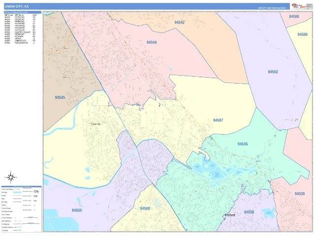 Union City, CA ZIP Code Wall Map, ColorCast style