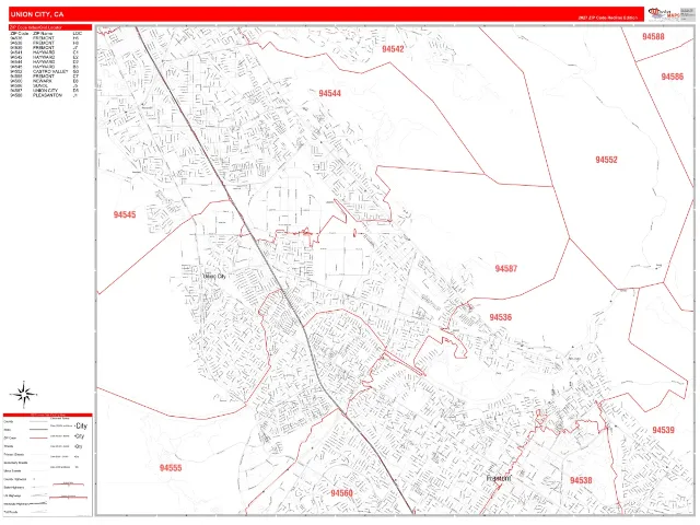 Union City, CA ZIP Code Wall Map, RedLine style