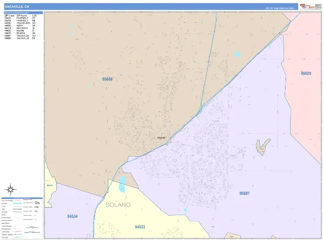 Vacaville, CA ZIP Code Wall Map, ColorCast style