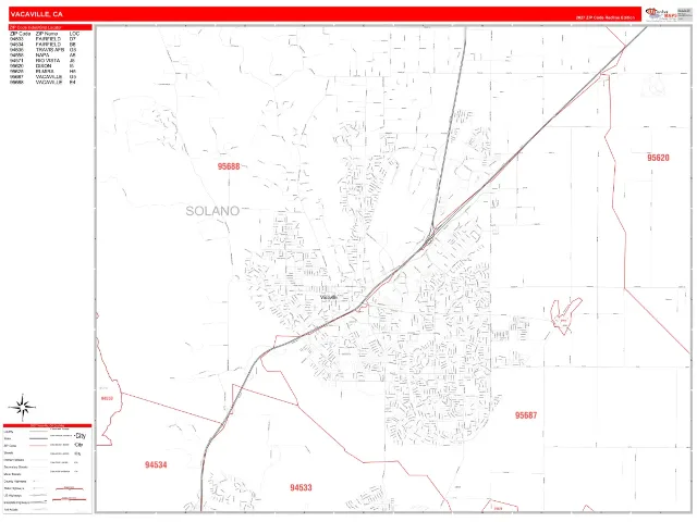 Vacaville, CA ZIP Code Wall Map, RedLine style