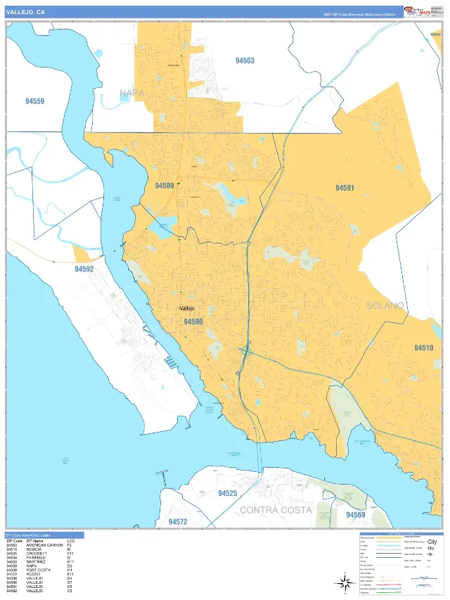 Vallejo, CA ZIP Code Wall Map, Business Reference style