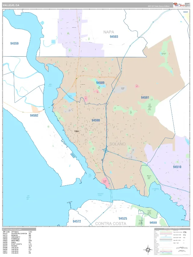 Vallejo, CA ZIP Code Wall Map, Classic style