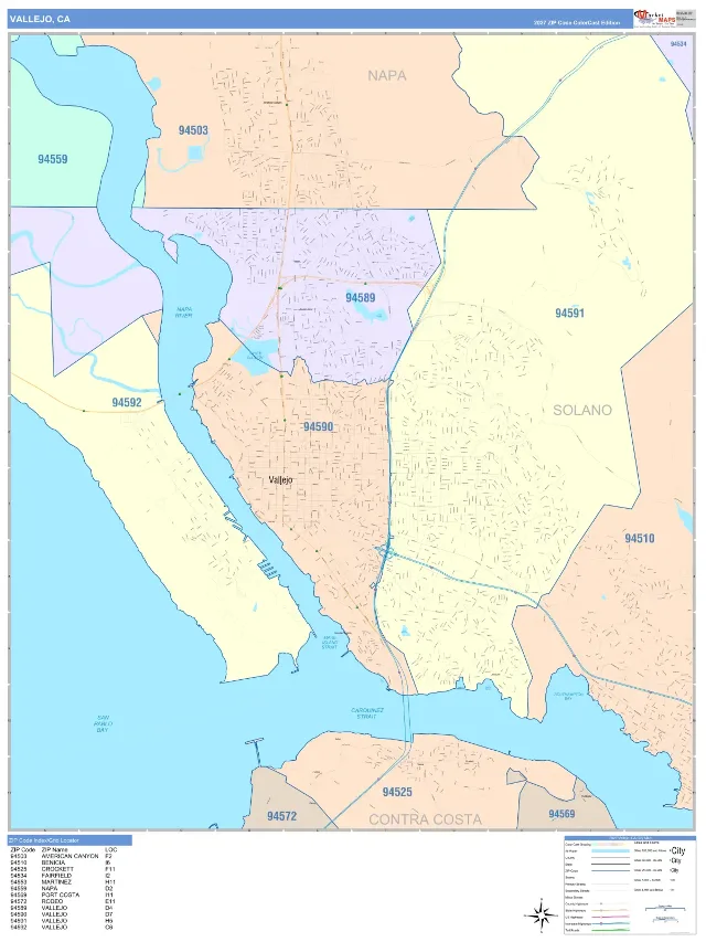Vallejo, CA ZIP Code Wall Map, ColorCast style