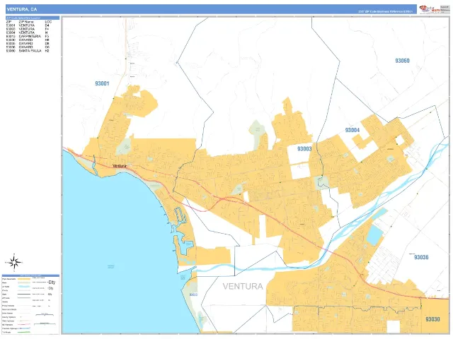 Ventura, CA ZIP Code Wall Map, Business Reference style
