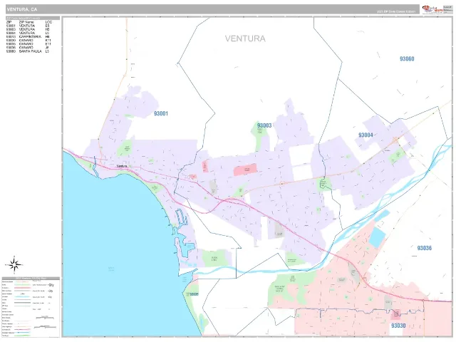 Ventura, CA ZIP Code Wall Map, Classic style