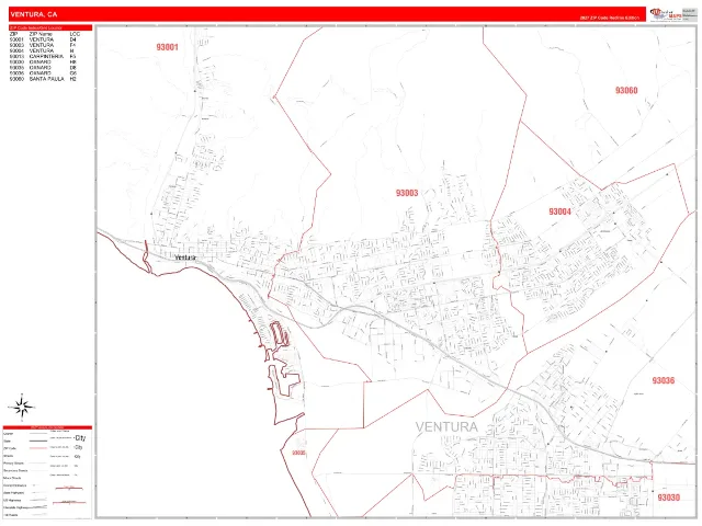 Ventura, CA ZIP Code Wall Map, RedLine style