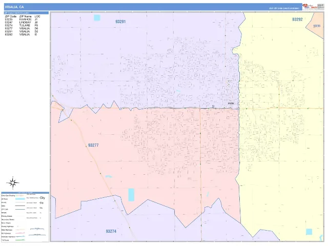 Visalia, CA ZIP Code Wall Map, ColorCast style
