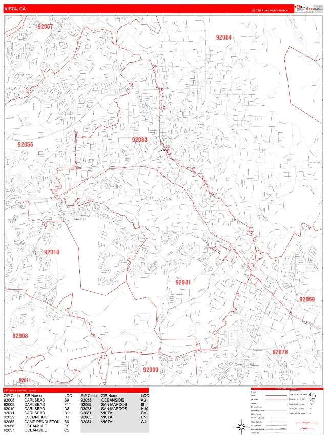 Vista, CA ZIP Code Wall Map, RedLine style