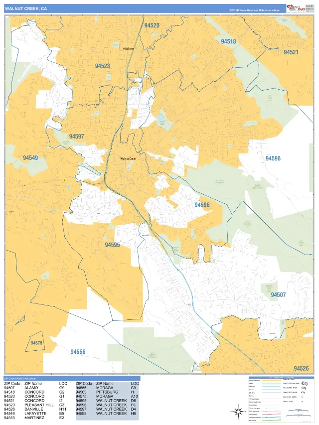 Walnut Creek, CA ZIP Code Wall Map, Business Reference style