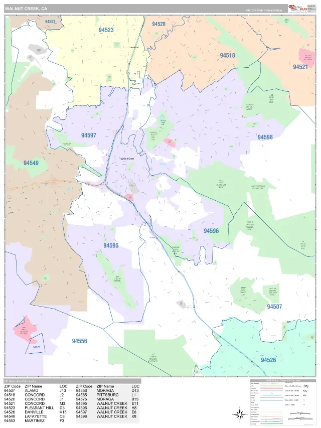 Walnut Creek, CA ZIP Code Wall Map, Classic style