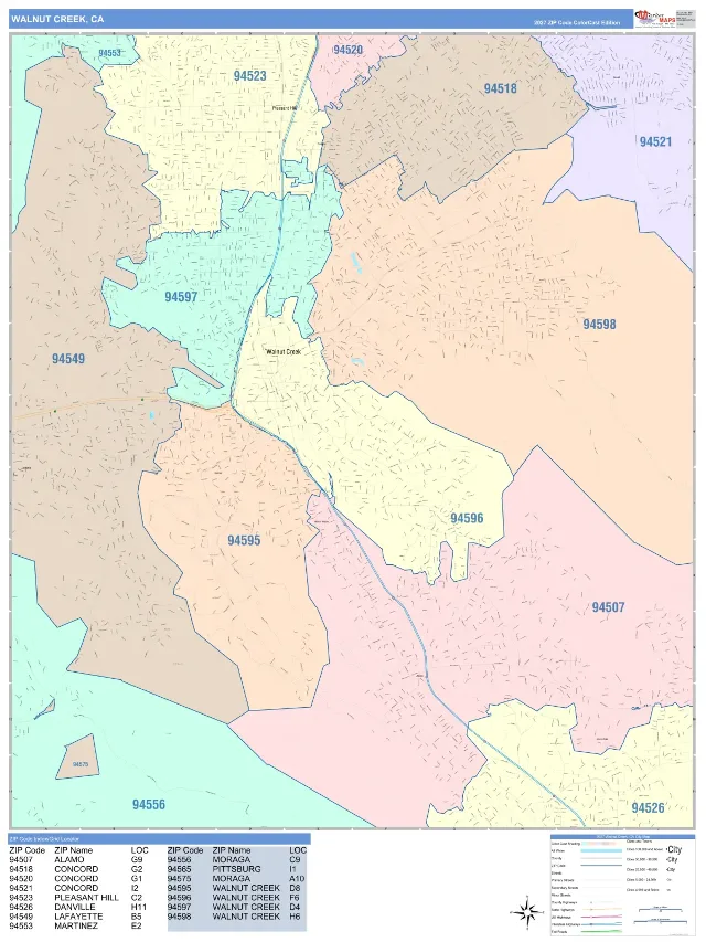 Walnut Creek, CA ZIP Code Wall Map, ColorCast style