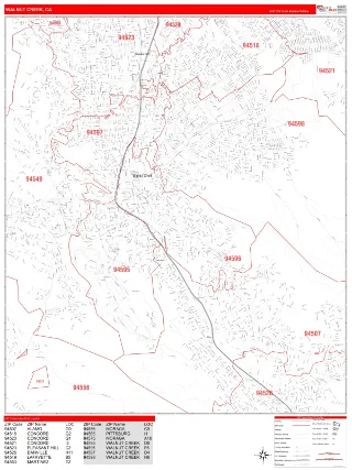 Walnut Creek, CA RedLine style ZIP Code wall map