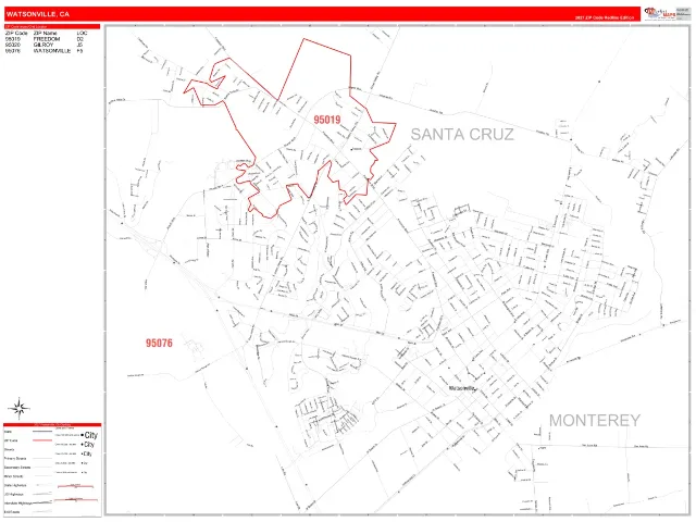 Watsonville, CA ZIP Code Wall Map, RedLine style