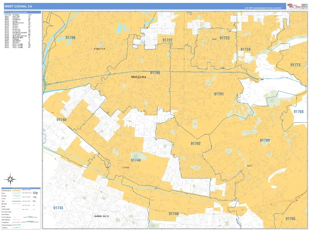 West Covina, CA ZIP Code Wall Map, Business Reference style
