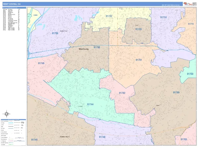 West Covina, CA ZIP Code Wall Map, ColorCast style