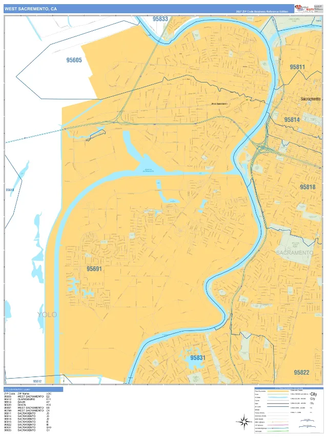 West Sacramento, CA ZIP Code Wall Map, Business Reference style