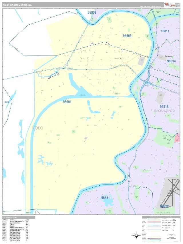 West Sacramento, CA ZIP Code Wall Map, Classic style