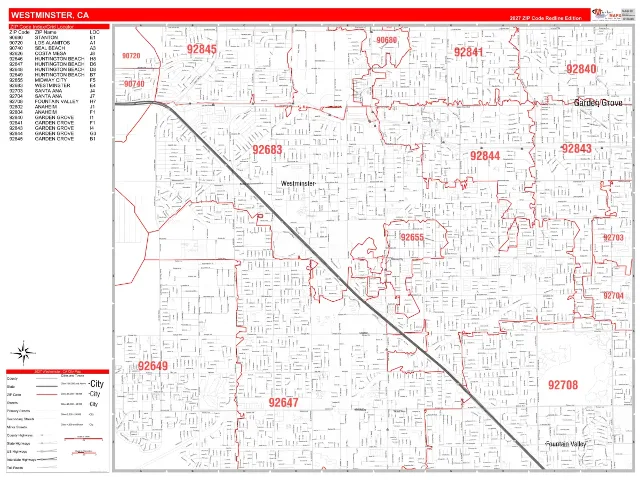 Westminster, CA ZIP Code Wall Map, RedLine style