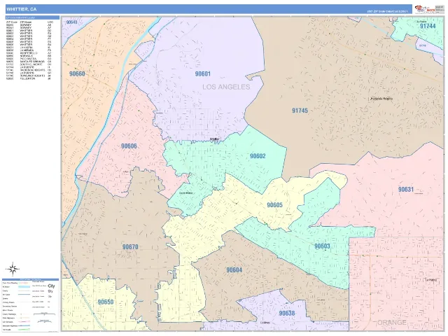Whittier, CA ZIP Code Wall Map, ColorCast style