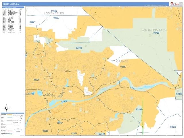 Yorba Linda, CA ZIP Code Wall Map, Business Reference style