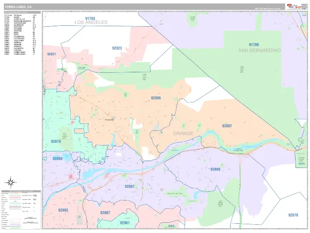 Yorba Linda, CA ZIP Code Wall Map, Classic style