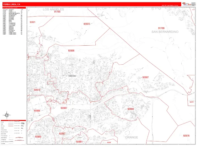 Yorba Linda, CA ZIP Code Wall Map, RedLine style