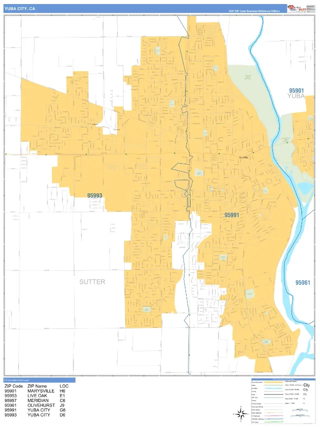 Yuba City, CA ZIP Code Wall Map, Business Reference style