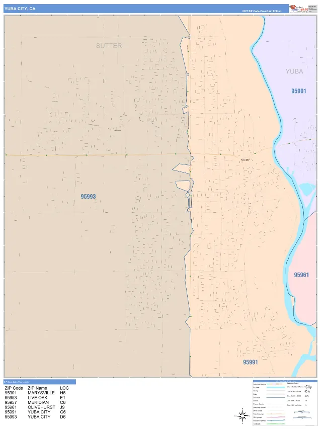 Yuba City, CA ZIP Code Wall Map, ColorCast style