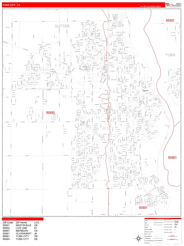 Yuba City, CA ZIP Code Wall Map, RedLine style